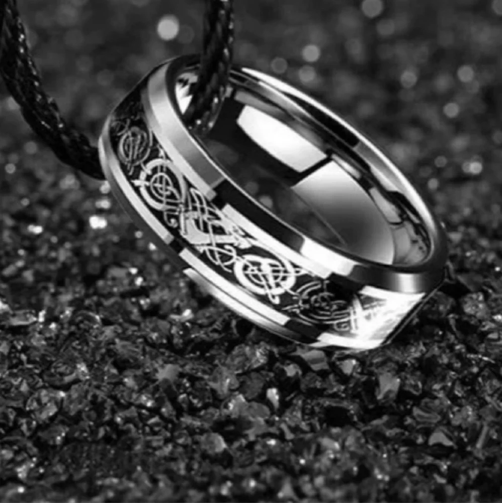 Silver Tungsten Black Dragon Carbon Fiber Inlay 8mm Wide Beveled Edge Band Ring